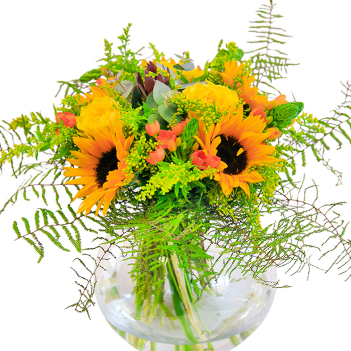 The instant impression of this arrangement is sheer exuberance, a celebration of nature's bounty inspired by the lively neighbourhood of Hampton Hill. Radiant sunflowers command attention with their golden halos and deep brown centers, matched in grandeur by plush yellow garden roses with tightly layered petals inviting closer inspection. Scarlet clusters of hypericum berries, glossy and joyful, surprise the eye as they peek from amid trailing ferns, goldenrod sprigs, and light green filler foliage reminiscent of Hampton Hill's beautiful tree-lined streets. Variations of green-from soft feathery leaves to striking bluish-gray eucalyptus-provide both movement and modern flair, weaving throughout the display. Everything is anchored in a crystal-clear, bowl-shaped vase that allows the wild artistry above to shine while maintaining pristine, water-nourished stems below-like a snapshot of nature preserved by an expert's touch. Under gentle light, the bouquet glows with energy, filling the room with a subtle blend of fresh floral and green notes. Whether as a focal point for gatherings, a gift for an anniversary, or a personal treat to brighten up spaces near Windmill Road, this composition reflects the vibrant spirit and skilled creativity of the local community. Crafted for those meaningful moments, this arrangement from Flowers Hampton Hill stands as a tribute to life's brightest celebrations.