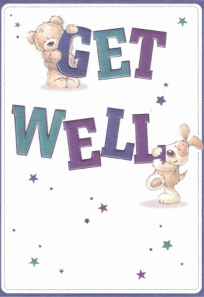 This whimsical get well card is a true ode to comfort and delight. The centre of the illustration is animated by a sweet teddy bear and a lively, floppy-eared puppy, working side by side to elevate the spirit of anyone receiving it. Around them, stars in shades of purple, teal, and blue sparkle against a crisp, soft-focus background, imbuing the scene with the brightness of Hampton Hill's open green spaces. The bold, shadowed lettering-shaded in gradients of indigo and aqua-anchors the artwork, grounding it in cheerful reassurance. The plush textures are rendered so vividly you can almost feel the bear's soft belly and the puppy's downy fur under your fingertips, reminiscent of the tactile experience of delivering a hand-tied bouquet from a trusted local florist. Every detail is placed with sociable warmth, suggesting the care that Flowers Hampton Hill brings to arrangements sent to neighbours along Park Road or near the expansive Bushy Park. Together, these elements create a buoyant, hopeful mood-an ideal companion for a get well wish or a fresh arrangement delivered to lift the spirits of someone recuperating nearby.