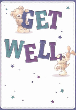 Upon viewing this lively get well card, an immediate sense of comfort envelops the scene. At its core, a cuddly teddy bear clings joyfully to the top of a vibrant 'GET,' while a spirited puppy affectionately leans against the hefty 'WELL' below. Their rounded figures and contented faces, rendered in warm golden and caramel tones, communicate deep affection and hope-a theme that rings true through the supportive spirit of Hampton Hill's close-knit community. The scattering of stars in luminous hues of teal, violet, and sapphire animates the pristine white background, echoing the uplifting power of fresh flowers delivered from Flowers Hampton Hill to bring cheer during times of recovery. The three-dimensional, hand-brushed letters stand out with a playfulness that feels like a celebration in miniature. The illustration's tactile textures remind one of hands running over soft fur or the cool smoothness of petals, much like arranging a bouquet with both gentleness and intention. This card possesses a clean, open aesthetic, its emotional warmth matching that of a thoughtfully prepared floral gift destined for a home on Uxbridge Road or a friend's bedside nearby. Every artistic touch here seems designed to bring a helping of hope.